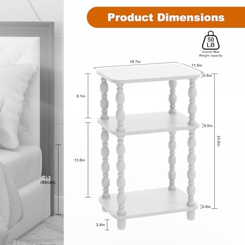 Modern Accent Side Table, 3-Tier Small End Table for Living Room, Farmhouse Side Tables, Couch Side Table for Skinny Spaces, Bedside Table Nightstand for Bedroom(White)