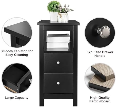 SUPER DEAL End Table Set of 2, Narrow Side Table with 2 Drawers and Storage Shelf, 3 Tier Sofa Table Couch SideTable for Living Room Bedroom Apartment Small Spaces, Black