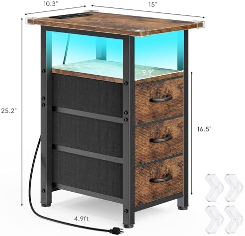 Vagusicc Nightstand with Charging Station and LED Lights, Narrow End Table, LED Night Stand with 3 Fabric Drawers for Bedroom, Small Bedside Table, Narrow Side Table for Small Spaces, Rustic Brown