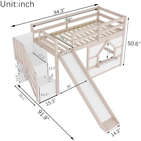 Bellemave Twin Low loft/bunk Bed with Slide and Storage Staircase LED for Kids,Wood Loft Beds,White +Beige
