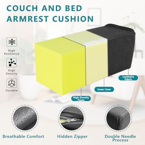 2 Pack Couch Arm Rest Pillow, 8''x8''x20'' Faux Leather Waterproof Cover, High Density Foam Armrest Cushion, Removable & Washable Elbow Support for Sofa, Bed, and Armchair (Black)