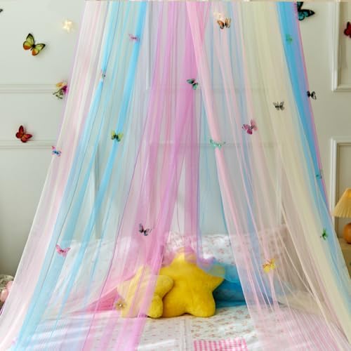 Rainbow Bed Canopy with Butterflies for Girls,Breathable Canopy Bed Curtain for Bed,Princess Play Tent for Kids Room Reading Nook