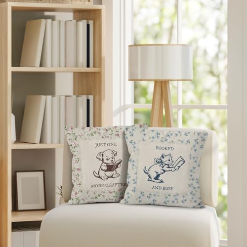 Vintage Floral Cat Dog Reading Throw Pillow Cover 18x18 Set of 2, Book Lover Bookworm Gifts Decorative Pillow Covers for Home Library Reading Room, Cottagecore Accent Pillows Cover Pillowcases