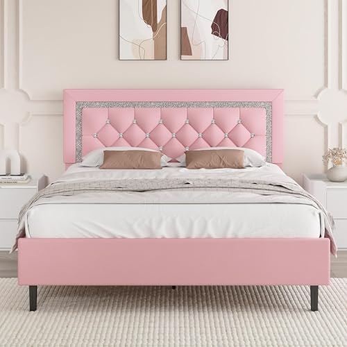 BarnFurin Queen Bed Frame with Tufted Button Headboard, Pink