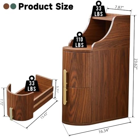7.87" Narrow Nightstand Set of 2, Small Bedside Table with 2 Drawers, Walnut Skinny Side Table, Modern Nightstand with 1 Semi-Open Shelf, Floating End Table for Living Room, Bedroom