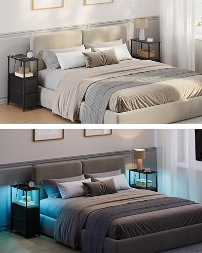 TUTOTAK Narrow LED End Table, Skinny Side Table with Charging Station