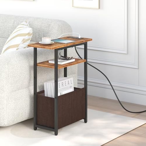 sthmec Narrow Side Table with Charging Station, Small End Table for Small Spaces, Skinny Nightstands with Storage Basket, 3 Tier Sofa Couch Bedside Tables for Living Room,Bedroom, Rustic Brown