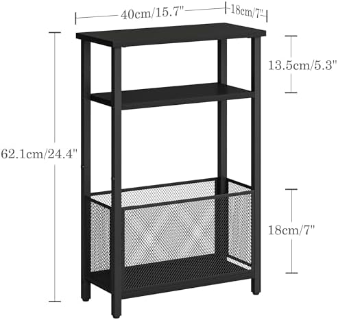 MMEOLUOOK Narrow Side Table with Storage Basket Skinny End Tables for Smalls Spaces 3 Tier Sofa Table Small Nightstand Slim Bedside Table for Living Room Bedroom Black MLBZ22B