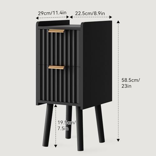 IBUYKE Narrow Nightstand,Slim Bedside Table with 2 Drawer,Black UWNS015B
