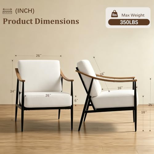 RNKSFX Modern Accent Chairs Set of 2 for Living Room Bedroom Mid Century Arm Chairs Upholstered Office Accent Chairs Comfy Waiting Room Chairs with Metal Frame, Cream White