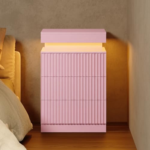 Nightstand Bedside Table with Charging Station & LED Lights, Pink