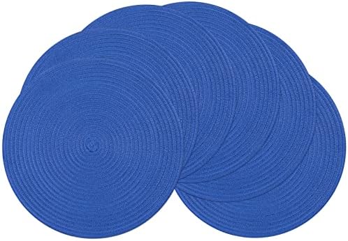 SHACOS Round Placemats Set of 6 Washable 15 inch Round Table Mats Cotton Polyester Woven Braided Place Mats for Dining Table (Blue, 6)