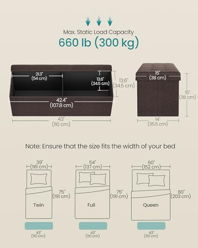 SONGMICS 43.3 Inches Folding Storage Ottoman Bench, Load 660 lb