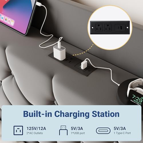 Allewie Full Bed Frame, Storage Headboard & Charging Station, Grey