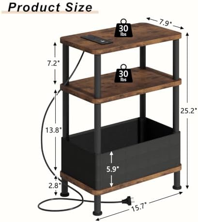 Small Narrow Side Table with Charging Station, 3-Tier Skinny End Table with Fabric Basket, Easy Assembling, Slim Nightstand Bedside Table for Small Spaces, Living Room, Bedroom