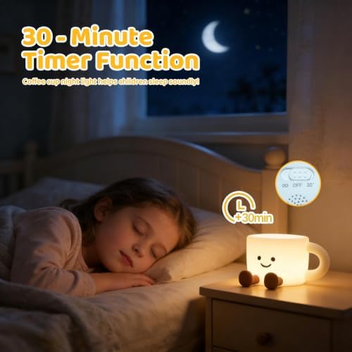Coffee Cup Night Light, 3 Level Dimmable 30 Timer 7 Colors Nightlight Cute Lamps Silicone Squishy Light USB Rechargeable Bedside Touch Lamp for Baby Desk Dorm Decor Birthday Gift