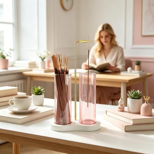 Pink Glass Incense Holder, Incense Sticks Holder Burner with Storage & Ash Catcher for Room Decor (Pink)
