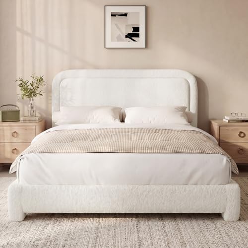 Vipbear Boucle King Size Bed Frame with Adjustable Headboard, Upholstered Cloud Platform Bed Frame with Wood Slats, Noise-Free King Bed, No Box Spring Required, Easy Assembly, White