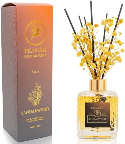 Reed Diffuser Set - Sandalwood Orange Oil, Oil Diffuser Sticks, Bathroom Diffuser, Bathroom Decor, 200ml with Preserved Flowers - PEANÄK