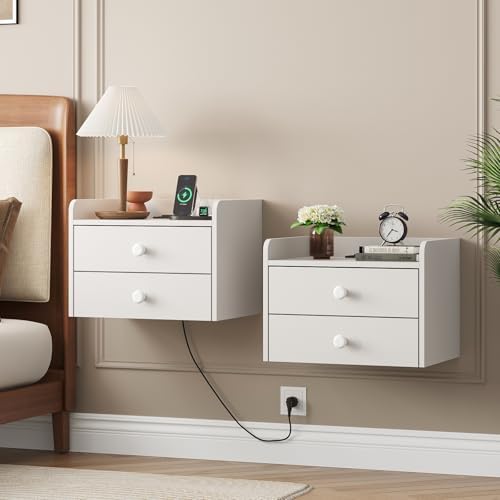 Floating Nightstand Set of 2 with 2 Storage Drawers and Charging Station