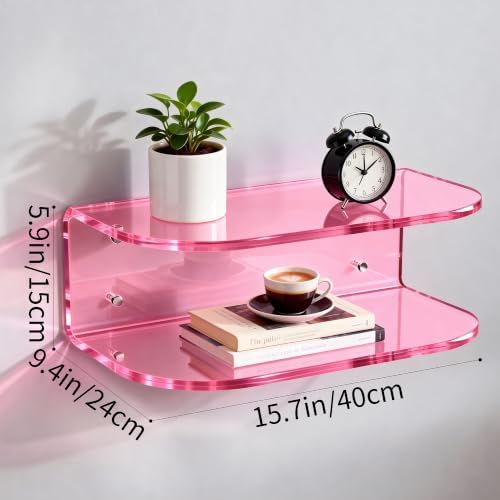 Acrylic Floating Nightstand, Wall Mounted Bedside Table (Pink, 15.7”×9.4“×5.9”)