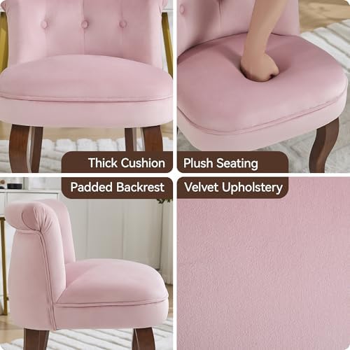 WUTUTUEE Velvet Vanity Chair with Back, Tufted Upholstered Vanity Stool with Solid Wood Legs, Mid Century Small Makeup Chair for Vanity, Accent Chair for Bedroom, Living Room, Pink