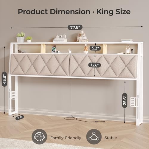 Headboard King Size with Storage, Charging Station & Lights, White & Beige
