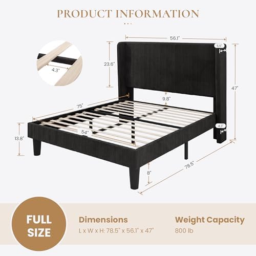 SHA CERLIN Full Corduroy Platform Bed with Tufted Wingback Headboard, Black