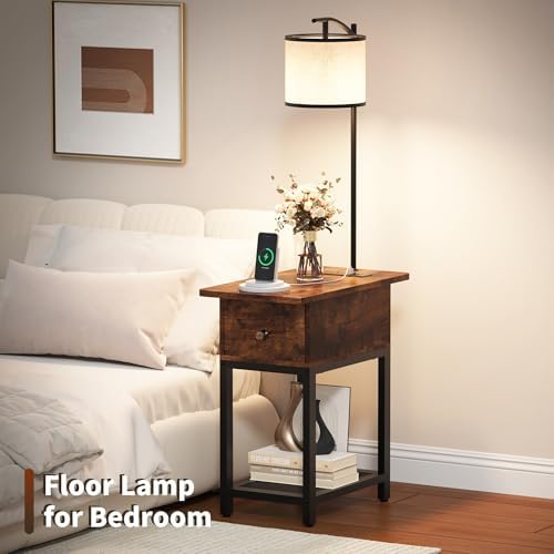 runjuly Floor Lamp with Table, Narrow Side Table with Charging Station