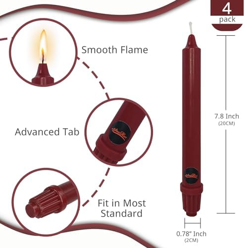 NJAO HOO Burgundy Taper Candle 8 Inch Christmas Candlesticks Red Unscented Dripless Handmade Candles for Home Decor Dinner New Year Party, 4 Pack