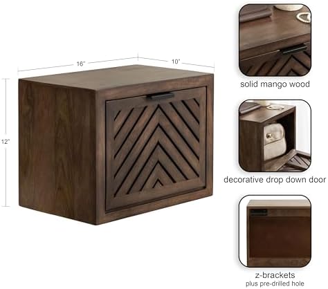 Kate and Laurel Mezzeta Modern Floating Shelf Side Table with Storage Cubby; 16 x 10 x 12; Natural Wood; Decorative Slatted Wood Floating Nightstand with Pull Down Door for Use as Bathroom Storage