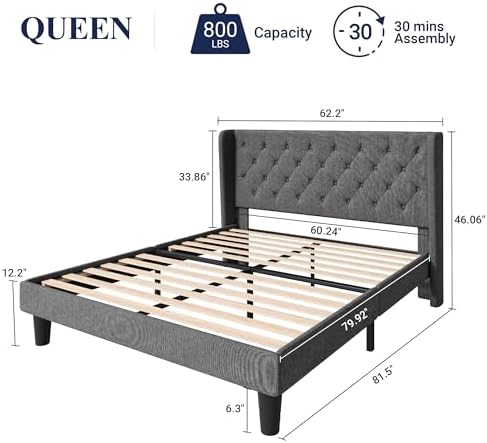 Allewie Queen Bed Frame with Button Tufted Wingback Headboard, Dark Grey