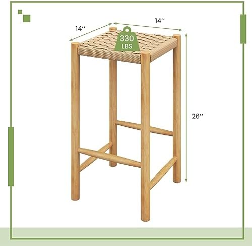 GIANTEX 26" Counter Height Wood Bar Stools Set of 2, Boho Rattan Barstools, Max Load 330 Lbs, Armless Saddle Kitchen Stools, Backless Wicker Bar Stools for Kitchen Counter Indoor Outdoor