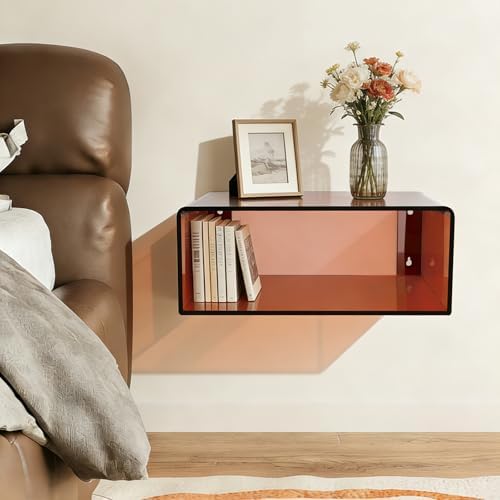 Acrylic Wall-Mounted Nightstand Floating Wall Nightstand Bedside Table Floating Side Table Wall Mounted Clear Shelf for Bedroom Bathroom (Brown)