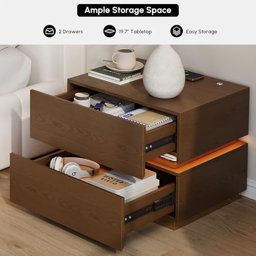 homary Smart Nightstand Set of 2 with Wireless Charging Station, USB & Type-C Ports, LED Light, 2 Drawers – Modern Walnut Bedside Table for Bedroom Storage