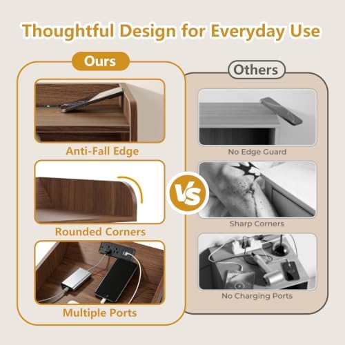 Nightstand with Charging Station, Fluted Night Stand Set of 2