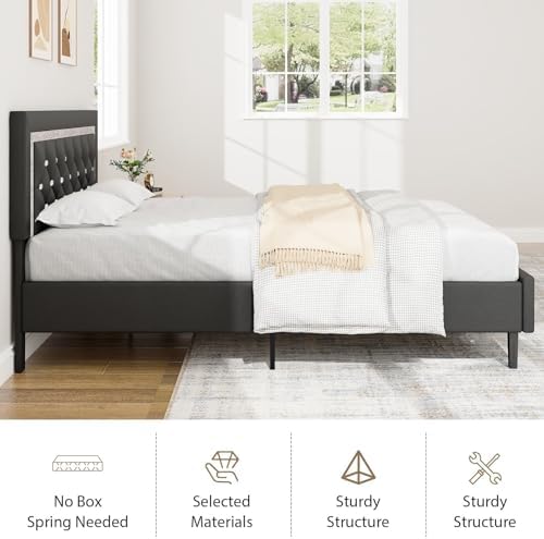 BarnFurin Queen Bed Frame with Tufted Button Headboard, Black