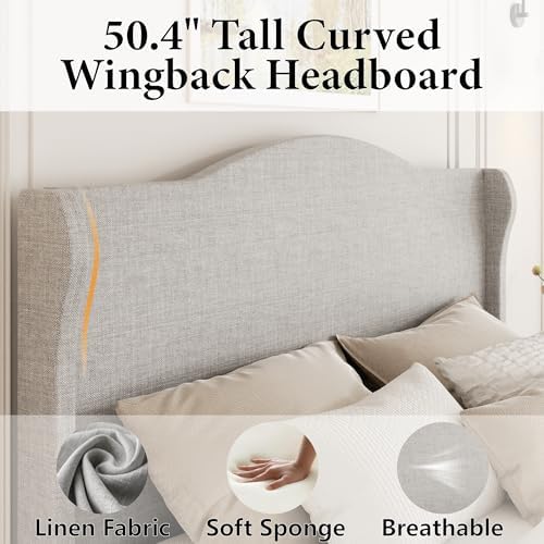 50.4'' Upholstered Tall Headboard Queen Bed Frame, Beige
