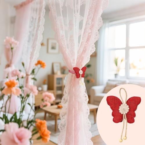 4 Pcs Cute Butterfly Curtain Holdbacks,Magnetic Curtain Tie Backs Decorative Rope for Living Room Bedroom Kitchen Bathroom Decoration (Red)