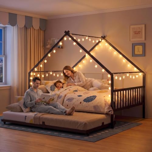 LIKIMIO Daybed with Trundle, House Full Bed Frame for Bedroom, Black