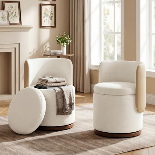Ottoman with Storage, Round Vanity Stool with Back