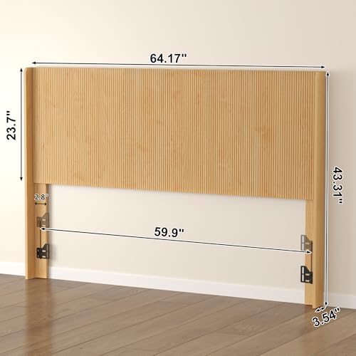 Queen Size Headboard Only, Boho Wood Head Board, Modern Fluted Wall-Mounted Bed Headboards for Bedroom, Height Adjustable, Wingback Design, Natural