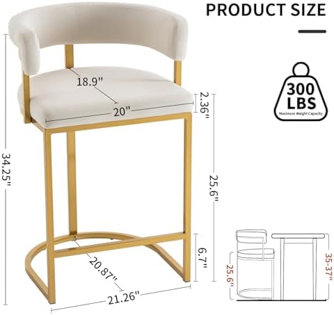 Set of 2 Beige Modern Velvet Bar Stools with Barrel Backrest, Upholstered Seat, and Gold Metal Footrest – 25.6-Inch Seat Height, Ideal for Counters, Home Bars, and Kitchen Islands