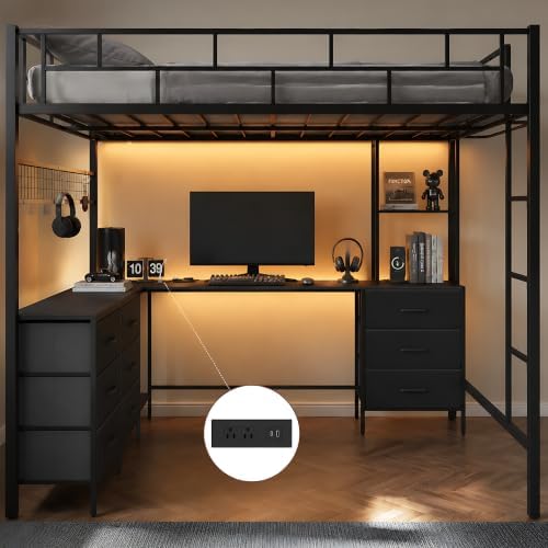 Full Size Loft Bed with L-Shaped Desk and Storage, Black