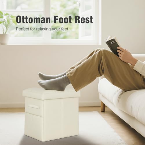 Ottoman with Storage for Dorm, Upgraded 17" Height Folding Foot Rest, Beige
