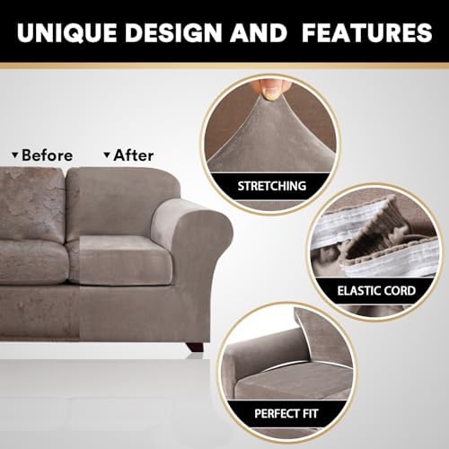 PrinceDeco Couch Cover Velvet Plush Sofa Covers for 2 Cushion Couch Width Up to 90 Inch Washable Furniture Protector Pet Friendly No Slip Sofa Slipcover(Medium-Large,Taupe)