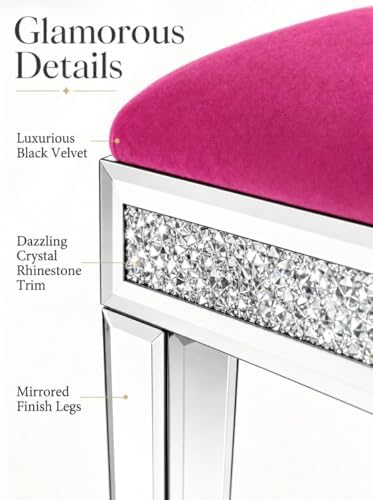 Vanity Stool with Storage Mirrored Legs, Velvet Cushioned Ottoman, Hidden Compartment, Sparkling Diamond Trim, Glam Makeup Chair & Piano Bench (Hot Pink)