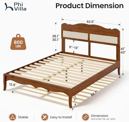 PHI VILLA Solid Wood Queen Bed Frame with Adjustable Headboard