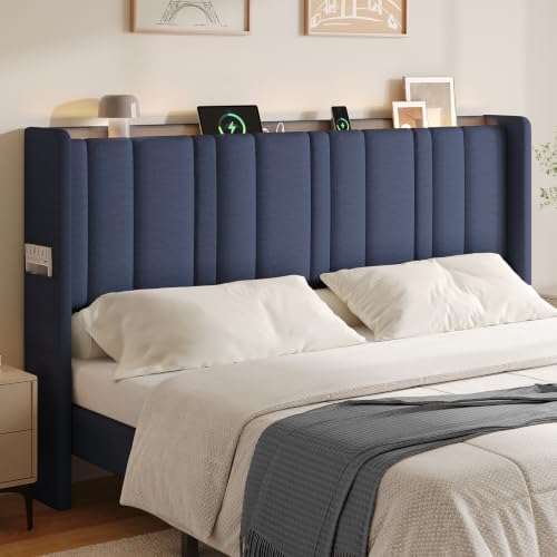 ONBRILL King Size Headboard with Storage, LED Light, Blue