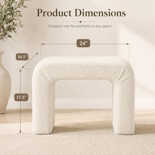 Modern Boucle Ottoman Footstool, 24" Arched Upholstered Vanity Stools for Makeup Room, Small Foot Rest for Entryway, Living Room, Bedroom (Fully Assembled)，White